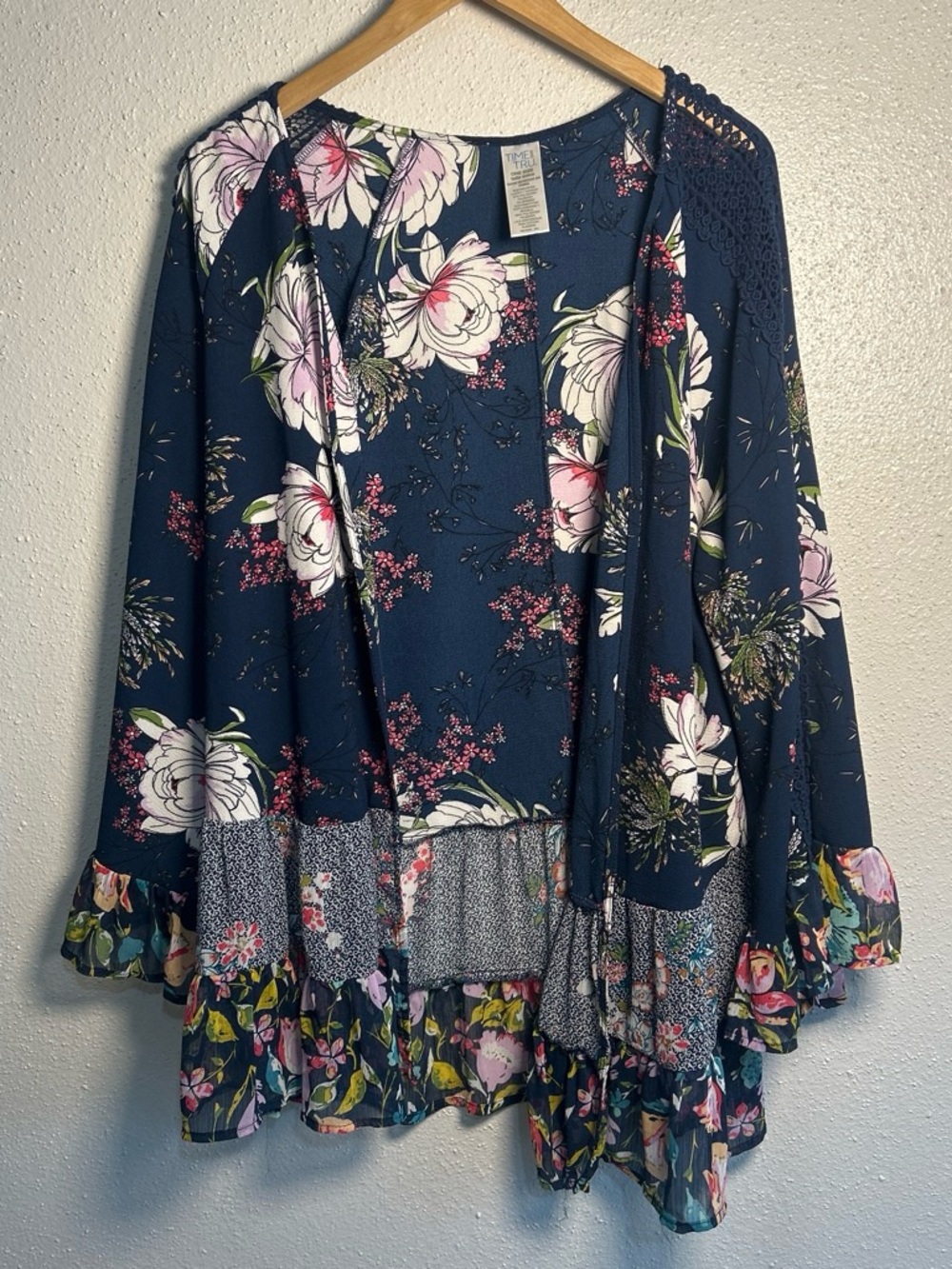 Time and Tru Navy Floral Ruffle-Trim Kimono